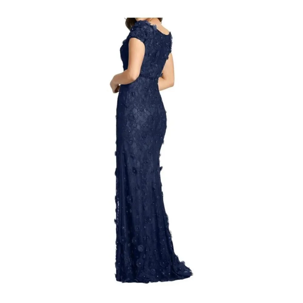 MAC DUGGAL FLORAL APPLIQUE BOAT NECK SHORT SLEEVE GOWN 67711 MIDNIGHT BLUE SIZE